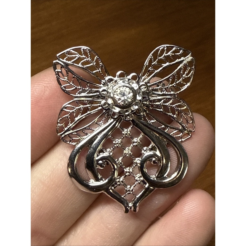 Silvertone Angel Brooch Clear Rhinestones "Faith Jewelry" Collection Signed Jane